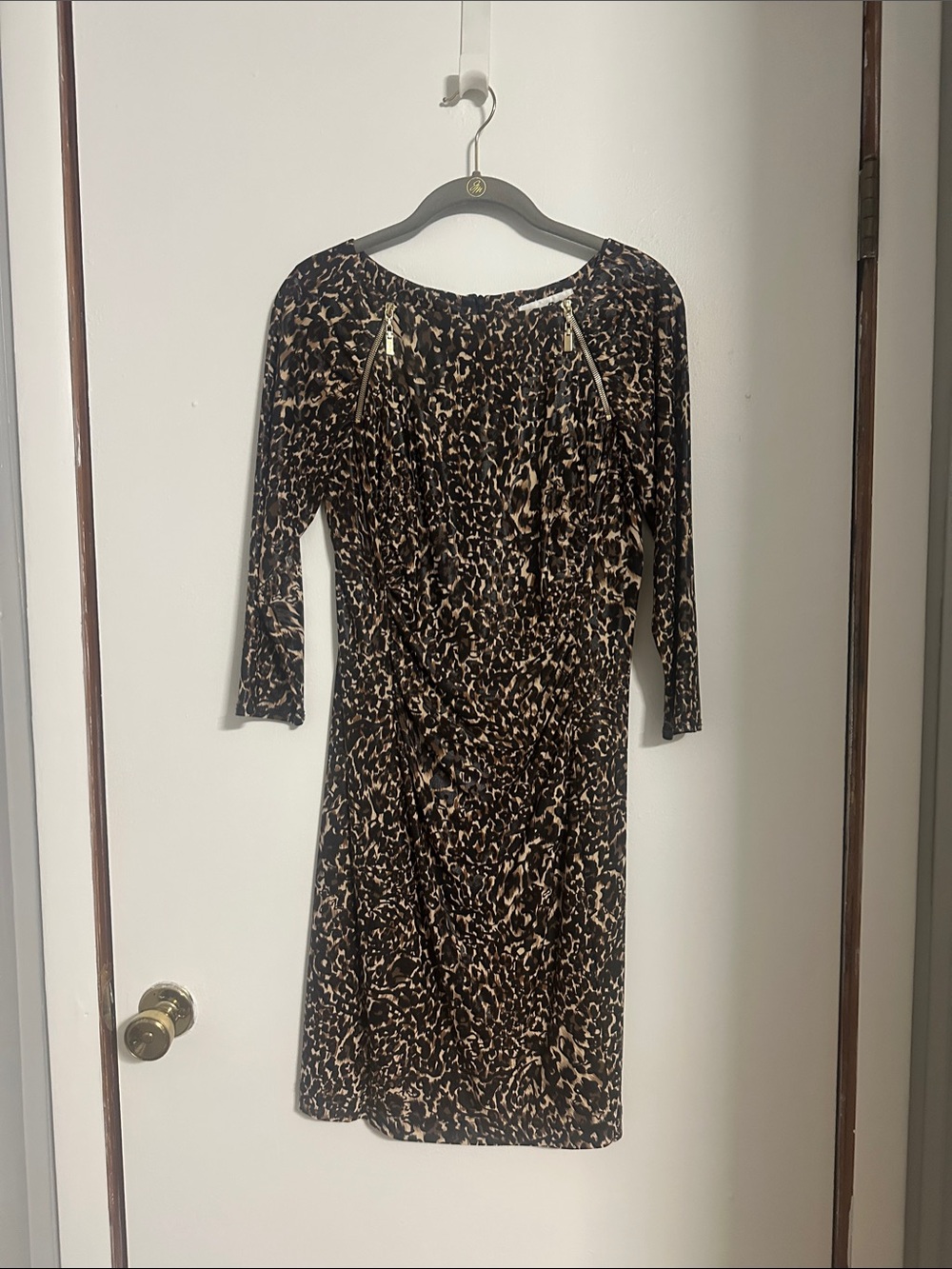 Joseph Ribkoff Leopard-Print Long Sleeve Dress in Black and Tan
